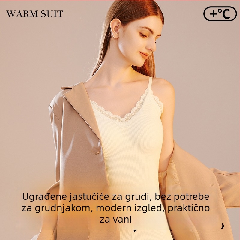 Termalna čipkasta majica s integriranim grudnjakom i jastučićima za prsni koš, V-dekolte, akrilna vlakna, srednje težine 181–200 g/m²