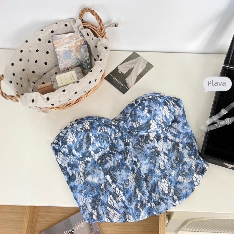Camisole top s uklonjenim trakama, uski kroj, ultra kratka duljina, grafički otisak, mješavina poliestera-najlona-spandeksa, proljeće 2025, dizajn inspiriran korzetom s ribljom kostom