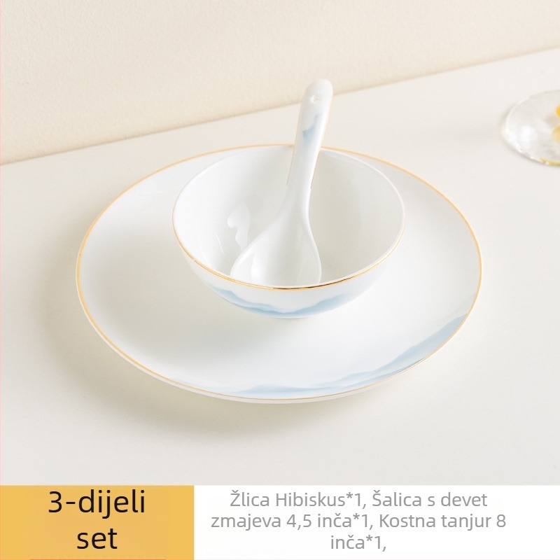 Set posuđa od kostnog porcelana – zdjele i tanjuri, cvjetni uzorak, moderni minimalistički stil, kružni oblik
