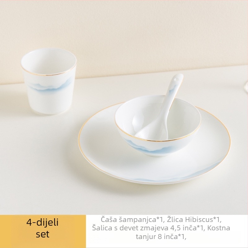 Set posuđa od kostnog porcelana – zdjele i tanjuri, cvjetni uzorak, moderni minimalistički stil, kružni oblik