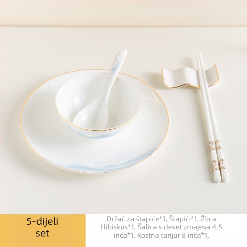 Set posuđa od kostnog porcelana – zdjele i tanjuri, cvjetni uzorak, moderni minimalistički stil, kružni oblik