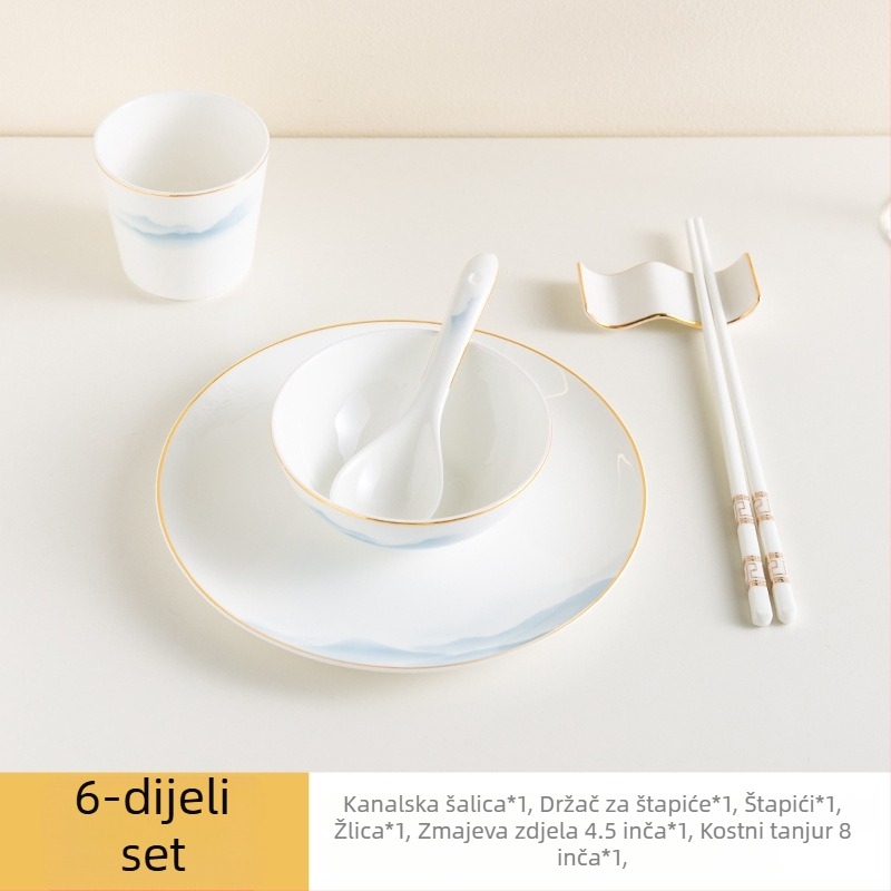 Set posuđa od kostnog porcelana – zdjele i tanjuri, cvjetni uzorak, moderni minimalistički stil, kružni oblik