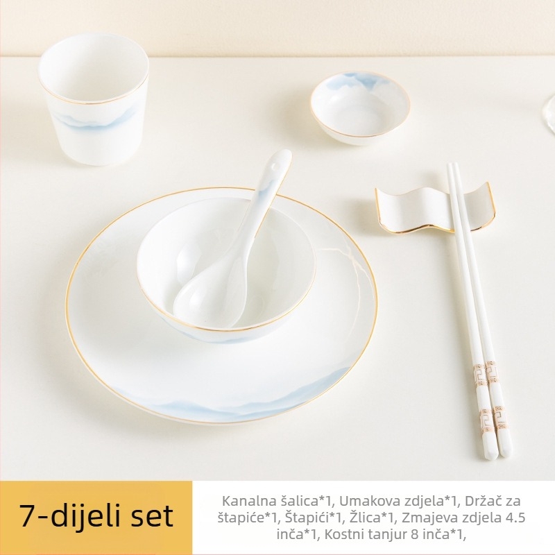 Set posuđa od kostnog porcelana – zdjele i tanjuri, cvjetni uzorak, moderni minimalistički stil, kružni oblik