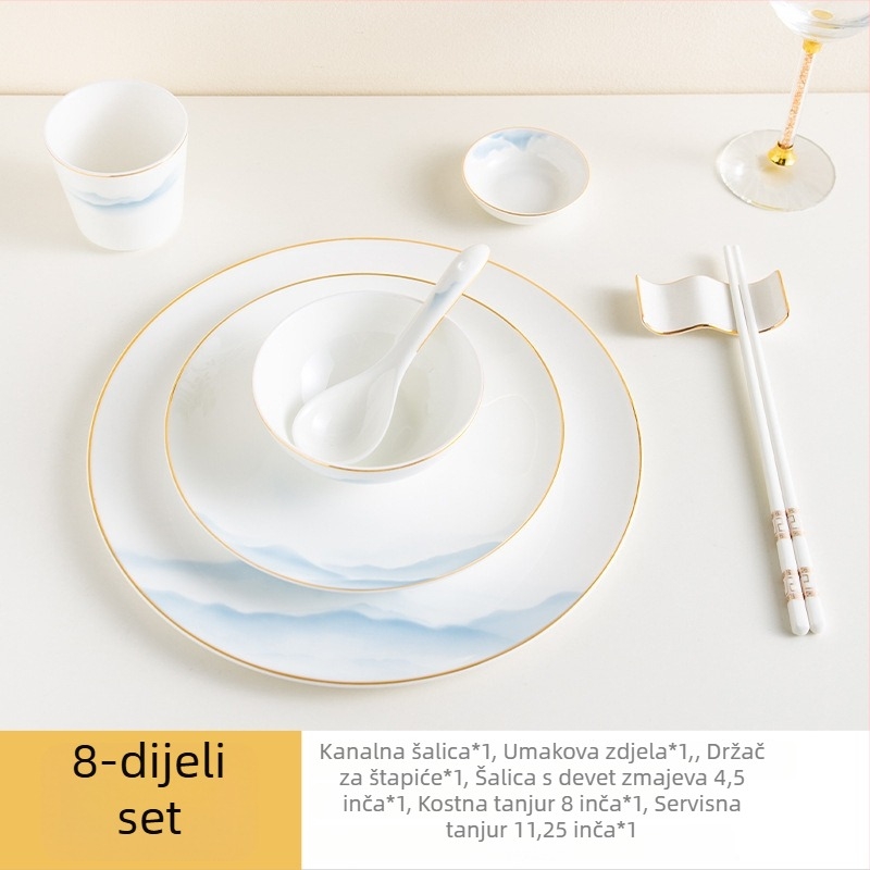 Set posuđa od kostnog porcelana – zdjele i tanjuri, cvjetni uzorak, moderni minimalistički stil, kružni oblik
