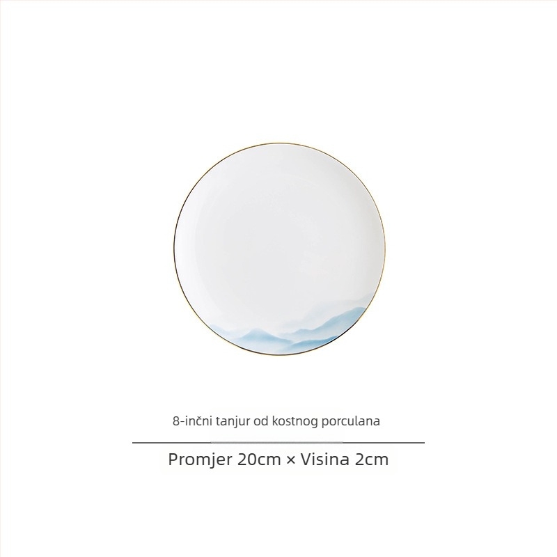 Set posuđa od kostnog porcelana – zdjele i tanjuri, cvjetni uzorak, moderni minimalistički stil, kružni oblik