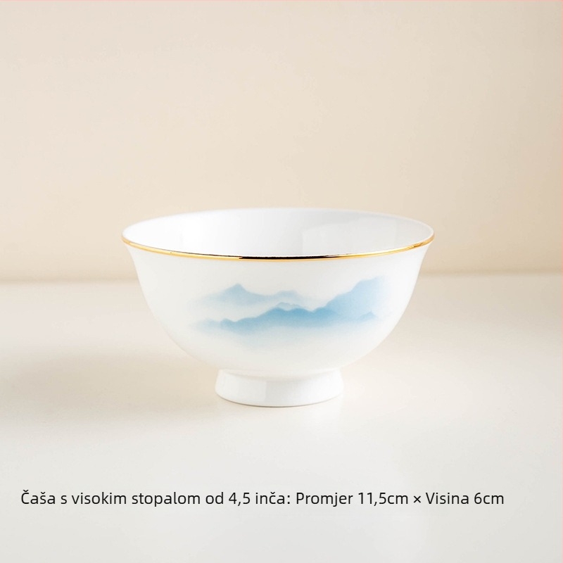 Set posuđa od kostnog porcelana – zdjele i tanjuri, cvjetni uzorak, moderni minimalistički stil, kružni oblik