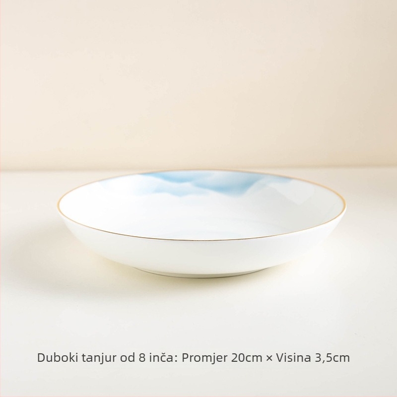 Set posuđa od kostnog porcelana – zdjele i tanjuri, cvjetni uzorak, moderni minimalistički stil, kružni oblik