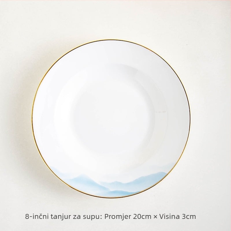 Set posuđa od kostnog porcelana – zdjele i tanjuri, cvjetni uzorak, moderni minimalistički stil, kružni oblik