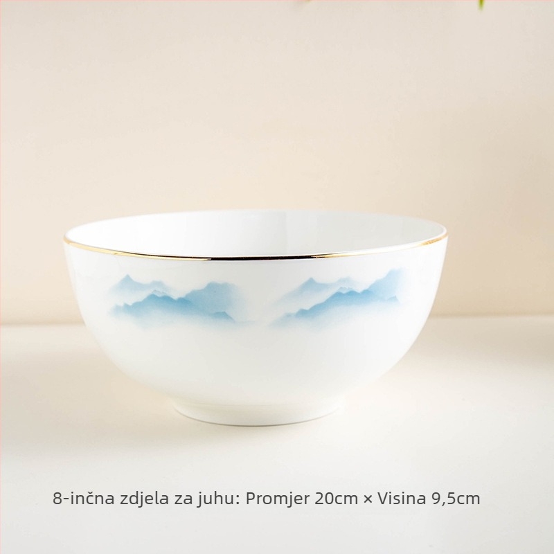 Set posuđa od kostnog porcelana – zdjele i tanjuri, cvjetni uzorak, moderni minimalistički stil, kružni oblik