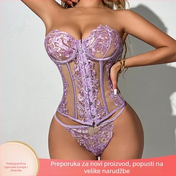 Čipkasti shapewear bod s ribljim kostima, izšivena dekoracija, proziran stražnji dio s naramenicama