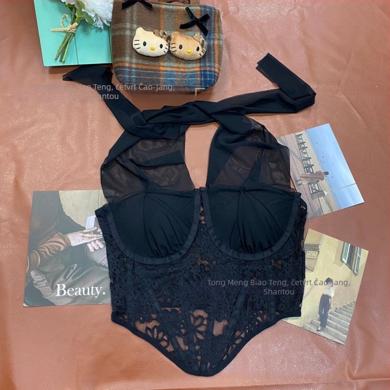 Čipkasti halter kamizol s mrežastom tkivom, košarice 3/4, tanki oblikovani čahura, podstava od najlona, čvrste dvostruke naramenice, lijep leđa