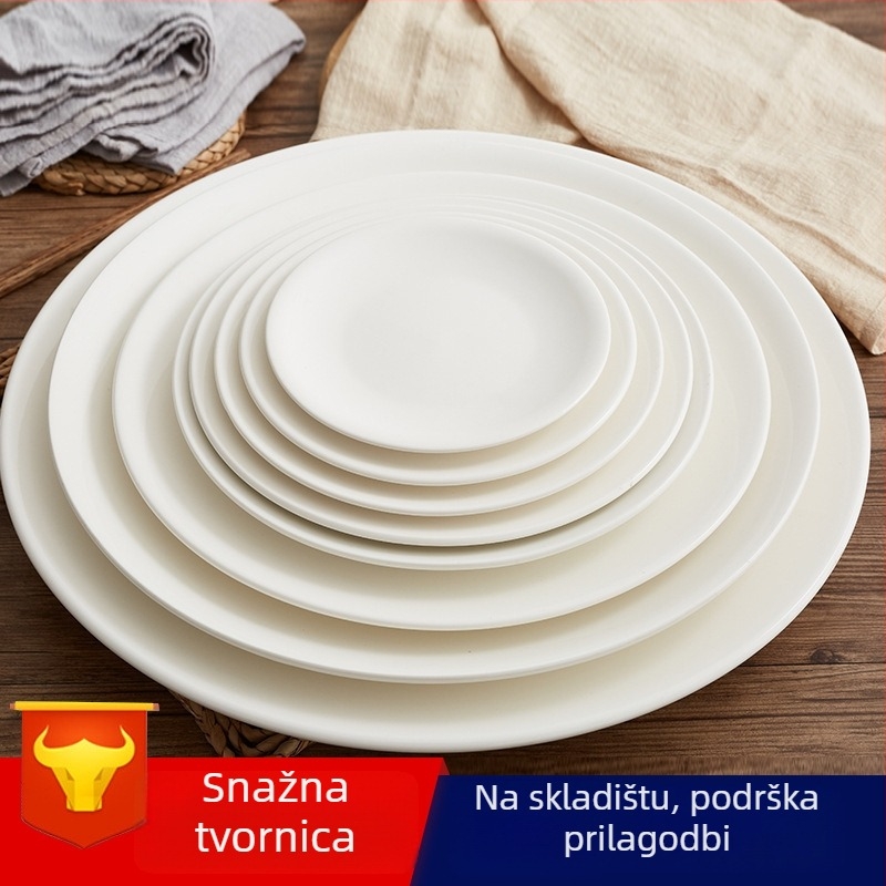 Porcelanski plitki tanjur za zapadni stil uz steak, bijeli, okrugli, sjajna površina, hotelska stolna posuđa, razne veličine