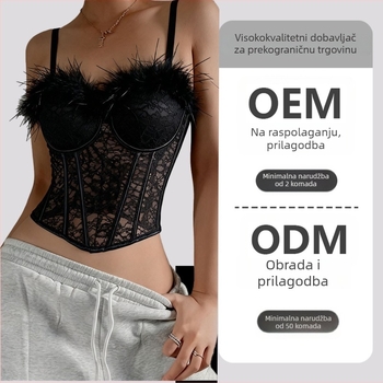 Čipkasti grudnjak s perima, otvorena leđa, halter vrat, kratka majica, uski kroj