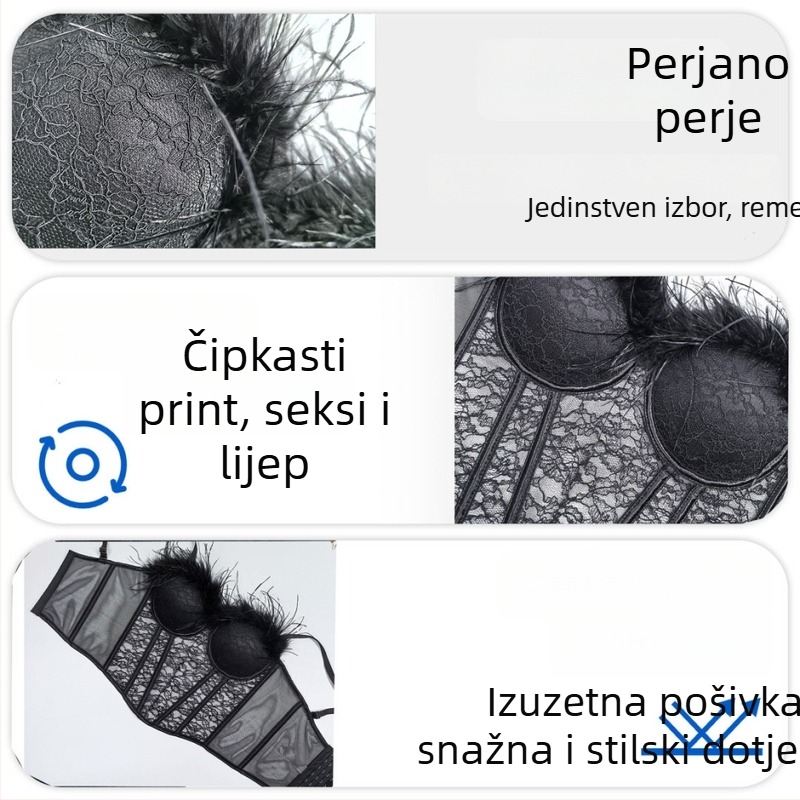 Čipkasti grudnjak s perima, otvorena leđa, halter vrat, kratka majica, uski kroj