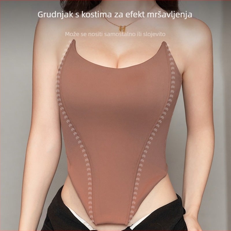 Top bez ramena s potporom od ribje kosti i integriranim jastučićima za dojke, najlon tkanina, tanke oblikovane šalice, zatvarač s 7 kukica, oblikovanje tijela, ljeto 2025
