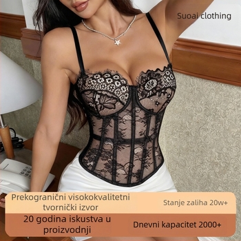 Čipkasti grudnjak s trakama i unutarnom potporom od kostiju, off-shoulder kratki top, jednobojan