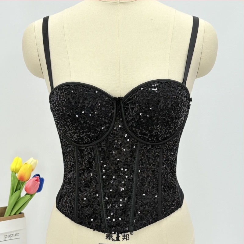 Bustier za oblikovanje struka s ribom i šljokicama – mrežasti materijal, odvojive dvostruke naramenice