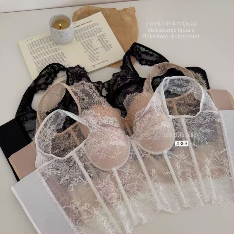 Čipkasti bustier-korset s ribljim koštima, prsluk sa zatvaranjem na zip, najlon materijal, sve sezone, nježna potpora
