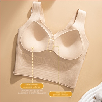 Ženski bralet s košaricama 3/4, oblik košarica (gornji dio tanak, donji deblji), fiksne ramenice, najlon tkanina s podstavom 30–50% spandeksa, lijep leđa dizajn, izlazak jesenas 2025