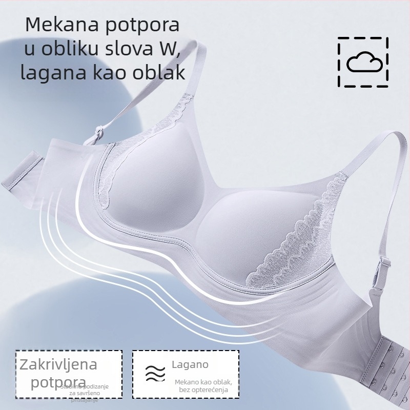 Bez žice grudnjak s fiksnim košaricama, tanke oblikovane košarice, najlon materijal, podstava od spandeksa, fiksirani remeni, stražnji zatvarač s tri reda kukica