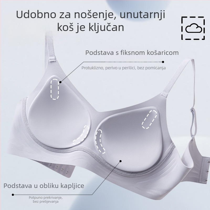 Bez žice grudnjak s fiksnim košaricama, tanke oblikovane košarice, najlon materijal, podstava od spandeksa, fiksirani remeni, stražnji zatvarač s tri reda kukica
