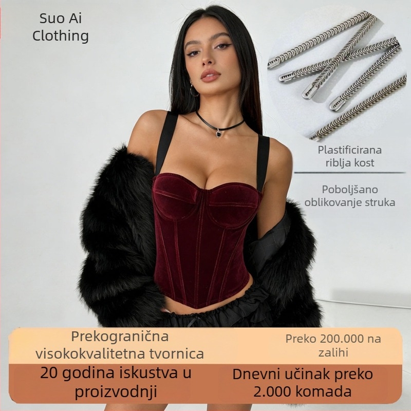 Bordo baršunasti korzet s ribljim kostima, retro francuski stil, camišol s lijepim leđima