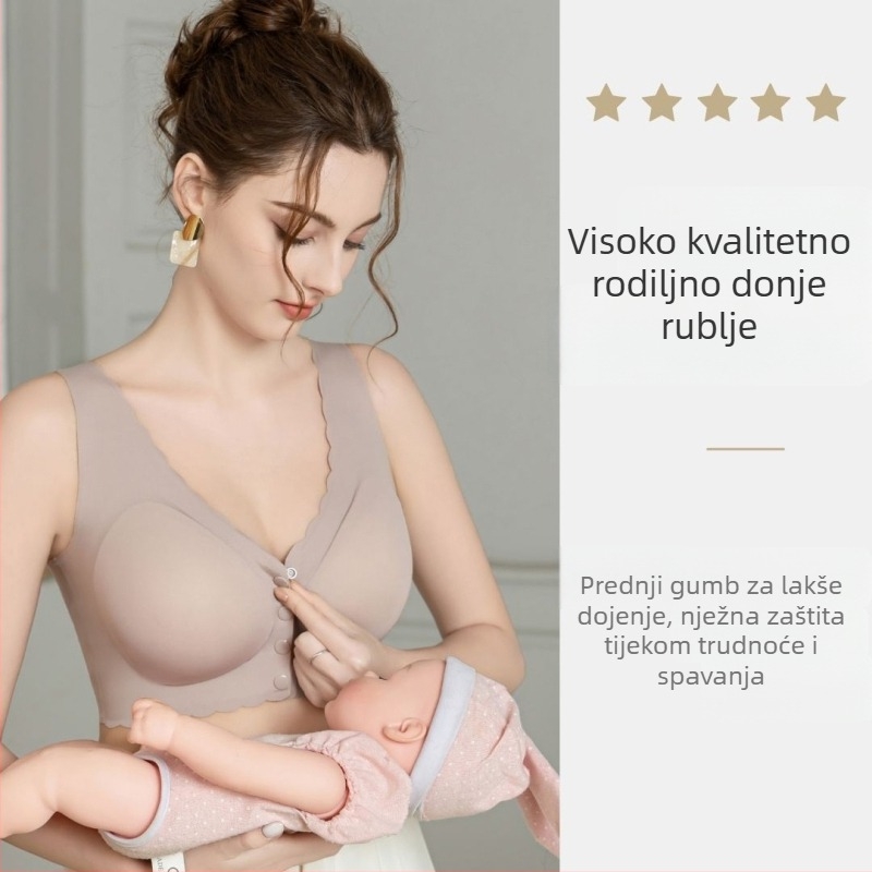 Sutien za dojenje s prednjim zatvaračem; najlon materijal; čvrste dvostruke naramenice; tanke oblikovane košarice; za postporođajno razdoblje.