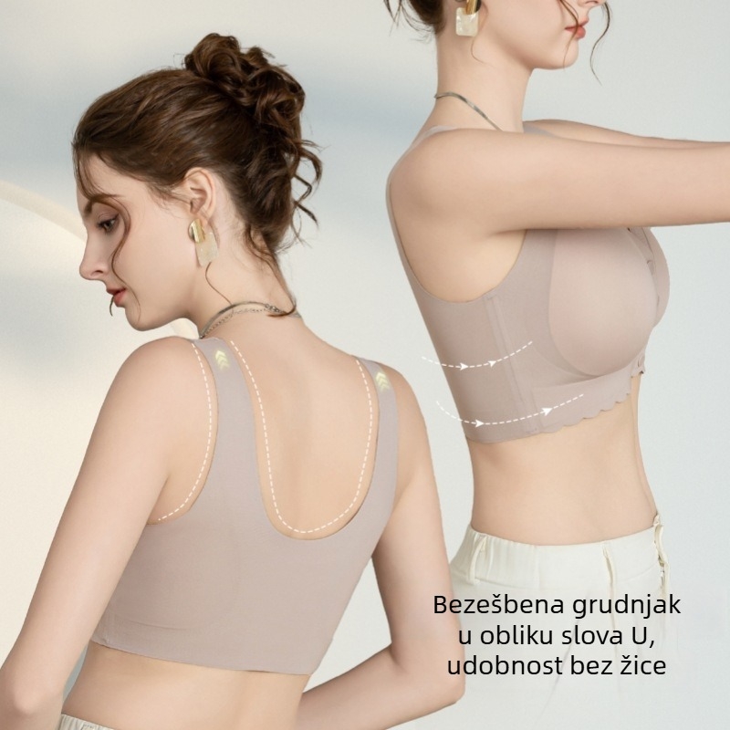 Sutien za dojenje s prednjim zatvaračem; najlon materijal; čvrste dvostruke naramenice; tanke oblikovane košarice; za postporođajno razdoblje.