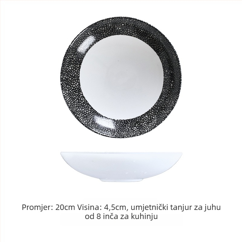 Keramički duboki tanjur za hladna jela, uzor valovite točke, moderan minimalistički stil, okrugli oblik, površina sprejom bojana