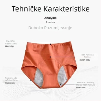 Ženske menstrualne gaćice visokog struka, protiv propuštanja, prozračne, tkanina pamuk-saten, podstava u području prepona 95–100% pamuk