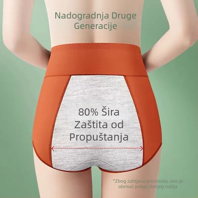 Ženske menstrualne gaćice visokog struka, protiv propuštanja, prozračne, tkanina pamuk-saten, podstava u području prepona 95–100% pamuk