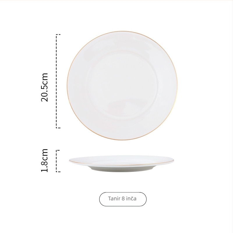 Porcelinasti kružni plitki tanjur za posluživanje sa zlatnim obrubom; jednofarban dizajn; mikrovalna sigurna; mogućnost ispisa logotipa.