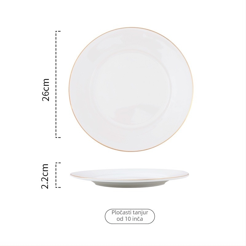 Porcelinasti kružni plitki tanjur za posluživanje sa zlatnim obrubom; jednofarban dizajn; mikrovalna sigurna; mogućnost ispisa logotipa.