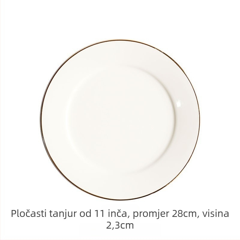 Porcelinasti kružni plitki tanjur za posluživanje sa zlatnim obrubom; jednofarban dizajn; mikrovalna sigurna; mogućnost ispisa logotipa.