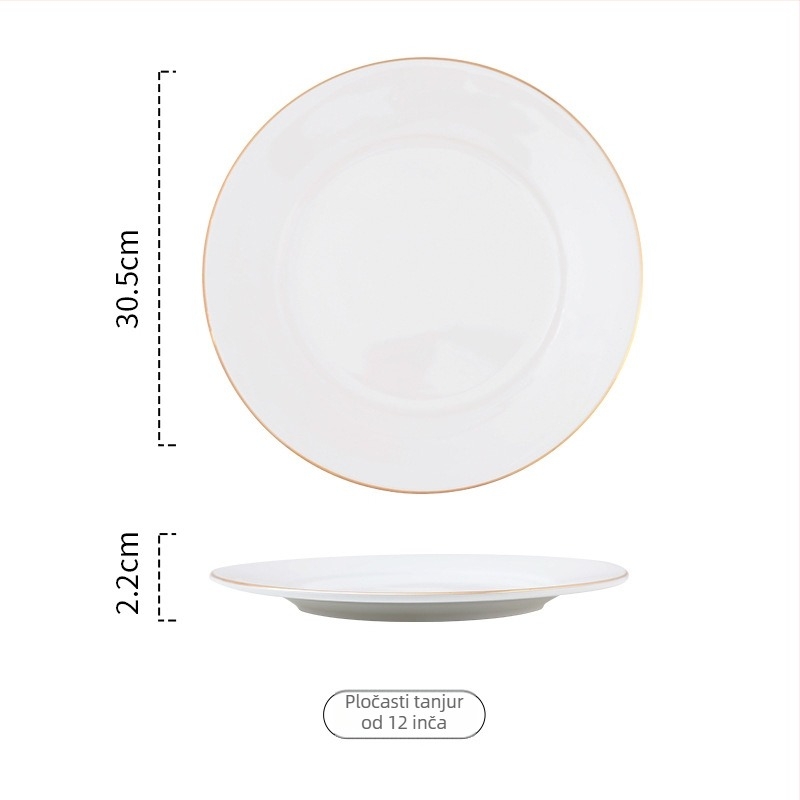 Porcelinasti kružni plitki tanjur za posluživanje sa zlatnim obrubom; jednofarban dizajn; mikrovalna sigurna; mogućnost ispisa logotipa.