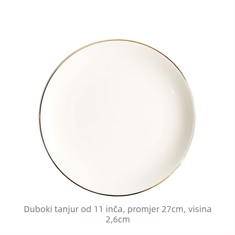 Porcelinasti kružni plitki tanjur za posluživanje sa zlatnim obrubom; jednofarban dizajn; mikrovalna sigurna; mogućnost ispisa logotipa.
