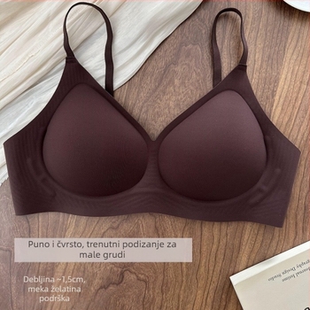Bezšavnu sportski grudnjak za žene s malim grudima, 3/4 košarica, oblikovana košarica (gornji dio tanak, donji dio debeo); najlon tkanina; podloga 50–70% spandex; čvrste naramenice; stražnje zatvaranje s dvostrukim redom kopči; prozračan, podržavajući, sku
