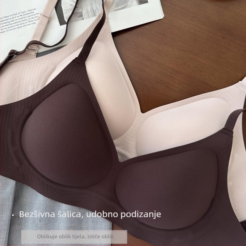 Bezšavnu sportski grudnjak za žene s malim grudima, 3/4 košarica, oblikovana košarica (gornji dio tanak, donji dio debeo); najlon tkanina; podloga 50–70% spandex; čvrste naramenice; stražnje zatvaranje s dvostrukim redom kopči; prozračan, podržavajući, sku