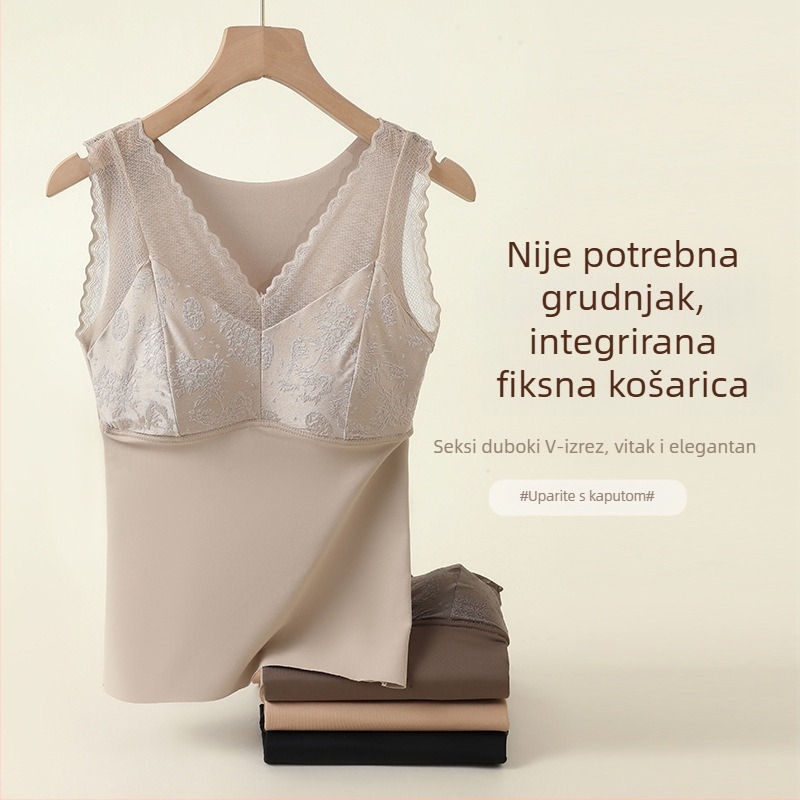 Ženski čipkasti termalni top s V-izrezom, kineskog stila, jesen-zima, integrirani grudnjak s fiksnim košaricama