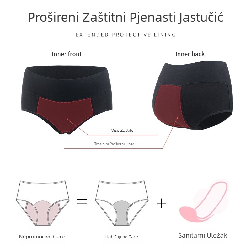 Ženske menstrualne gaćice s četiri sloja zaštite od propuštanja, srednji struk, pleteni materijal spandex/LYCRA, 100% pamuk u preponom dijelu