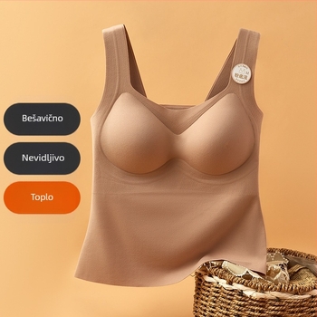 Termalna vesta za žene s integriranim čašicama, dvostrano četkan unutrašnjost, okrugli izrez, jednostruki najlonski materijal