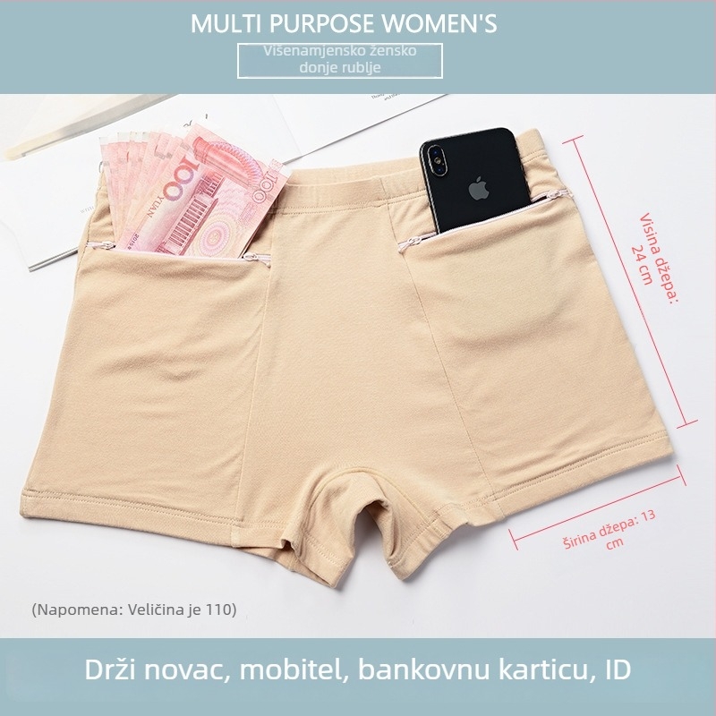 Ženske boxerice od bambusovih vlakana s visokim strukom i džepovima sa zatvaračima, brzo sušenje, zaštita od izlaganja