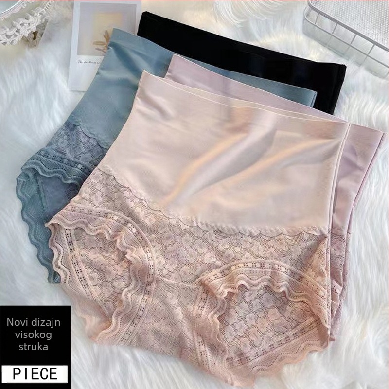 Ženske gaćice visokog struka s čipkom od ice silk materijala, bezšivne, s pamukom u prednjem dijelu, podrška trbuha i podizanje bokova, sexy nakon poroda, plus veličina, ljetni lagani model