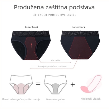 Četverostruke čipkaste gaćice za menstruaciju, srednji pojas, zaštita od propuštanja naprijed i natrag