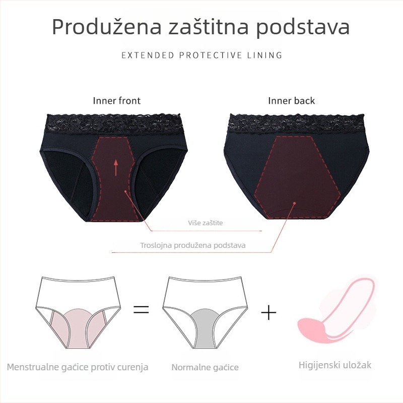 Četverostruke čipkaste gaćice za menstruaciju, srednji pojas, zaštita od propuštanja naprijed i natrag