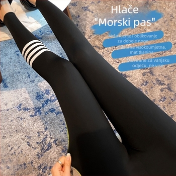 Ženske Sharkskin tajice s četiri pruge, crne, tanke za proljeće, uski kroj