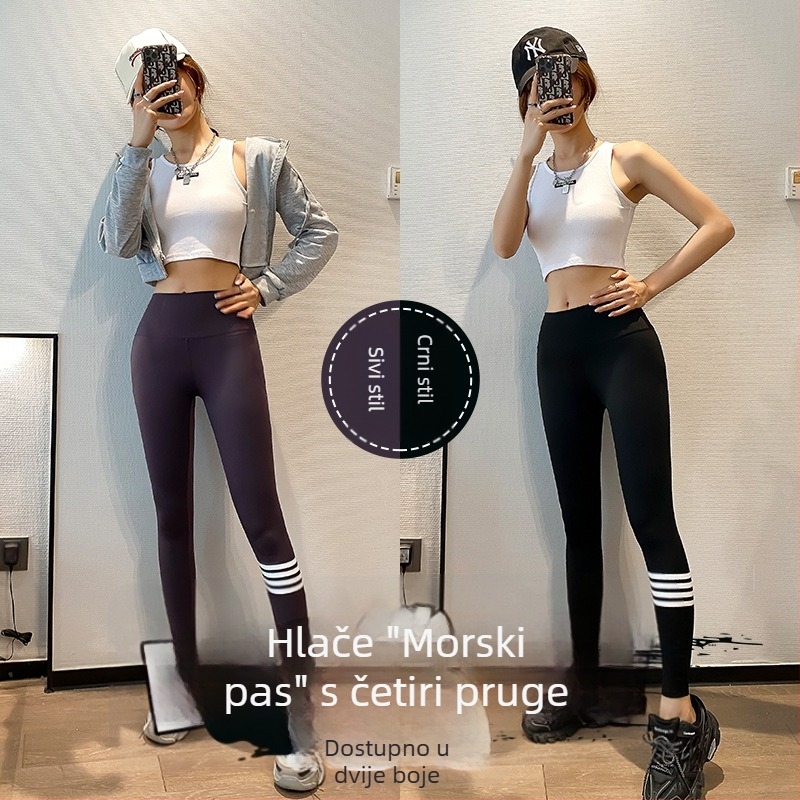 Ženske Sharkskin tajice s četiri pruge, crne, tanke za proljeće, uski kroj