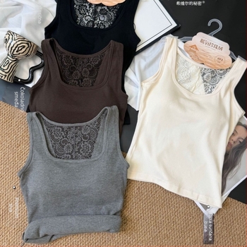 Čipkasti top s čipkom na leđima i U-dekolteom, najlon materijal, 3D uzorak, srednja debljina