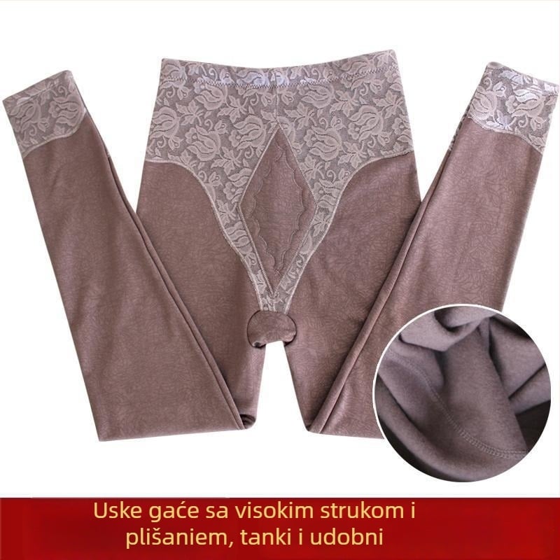 Ženske tajice za plus veličine, fleece-podstava, visok pas, kontrola trbuha, elastične, s čipkastom teksturom