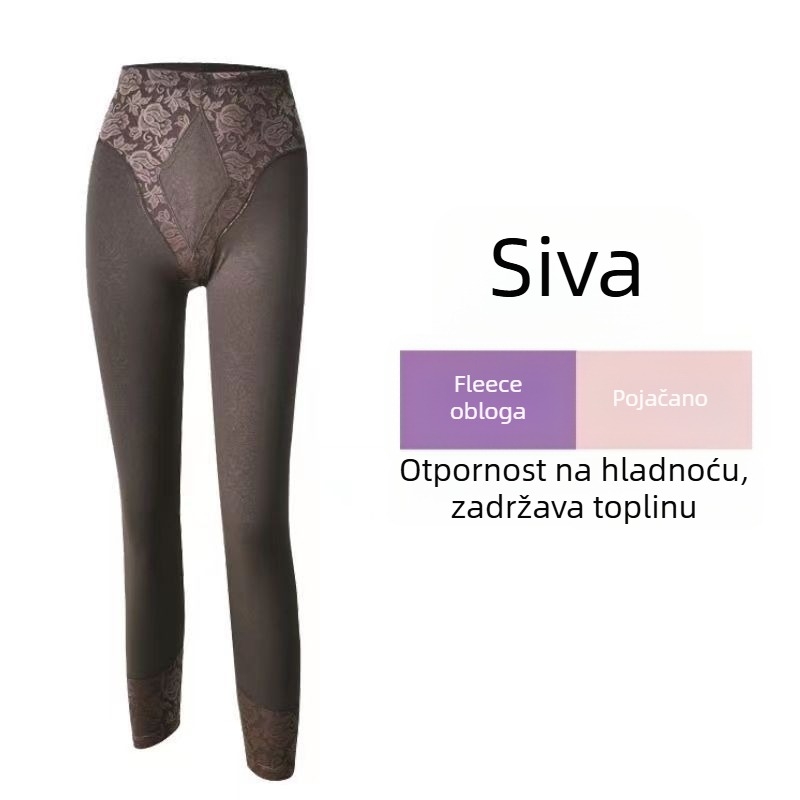 Ženske tajice za plus veličine, fleece-podstava, visok pas, kontrola trbuha, elastične, s čipkastom teksturom